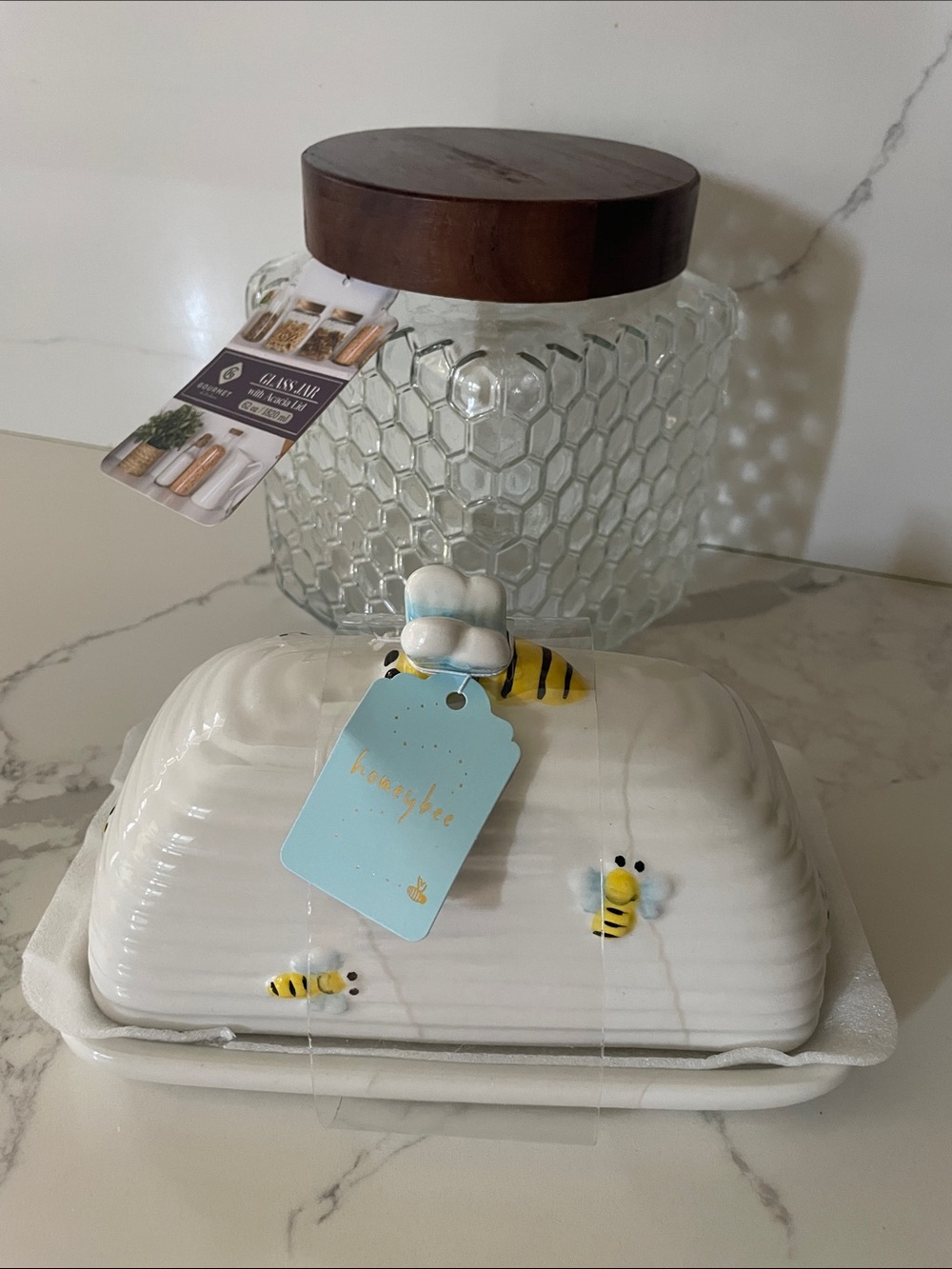 Honey Bee Ceramic Butter Dish with Bees & Honeycomb Glass Jar